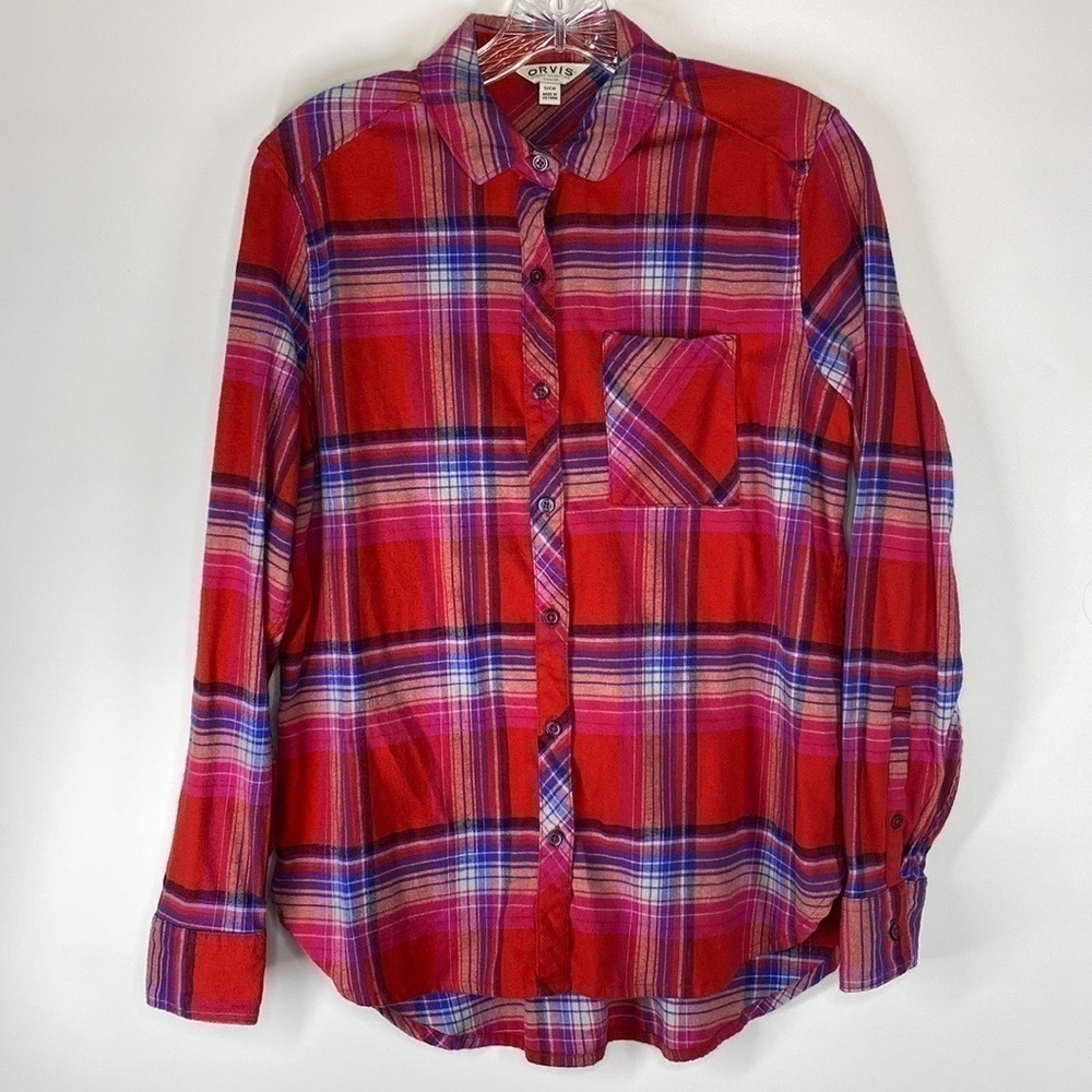 Orvis Red Plaid Button Up Long Sleeve Shirt Size Small